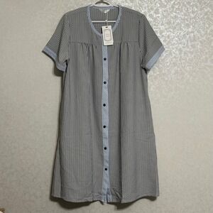 Yozly Button Front Nightgown Seersucker Pinstripe House Dress Robe Blue NWT L